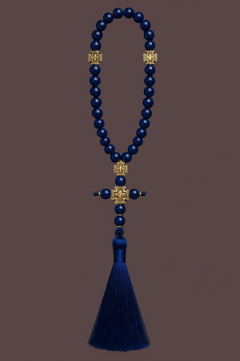 Blue prayer beads full view