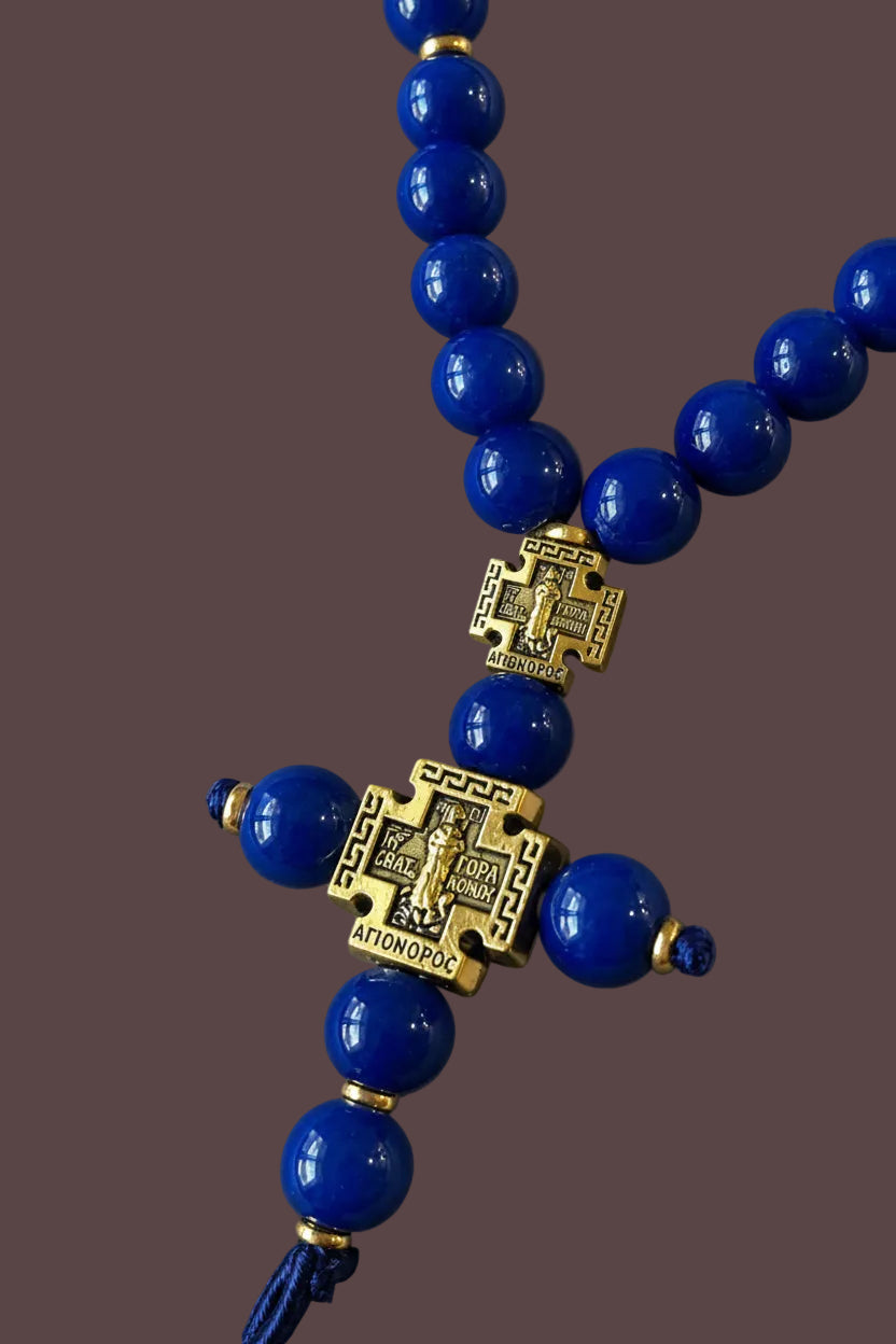Blue prayer beads cross detail