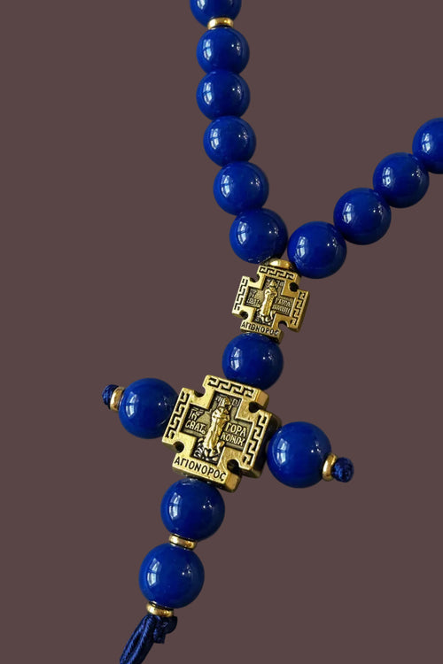 Blue prayer beads cross detail