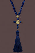 Blue prayer beads tassel detail