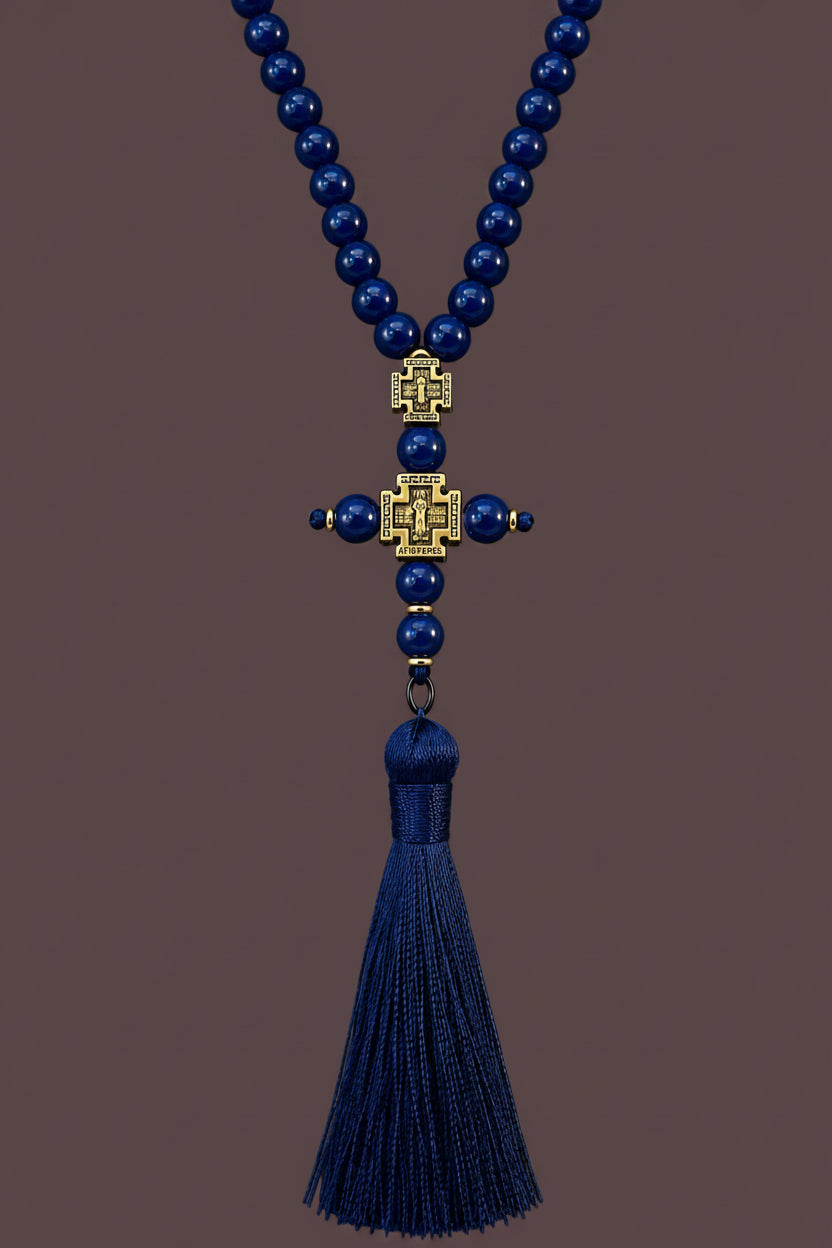 Blue prayer beads tassel detail