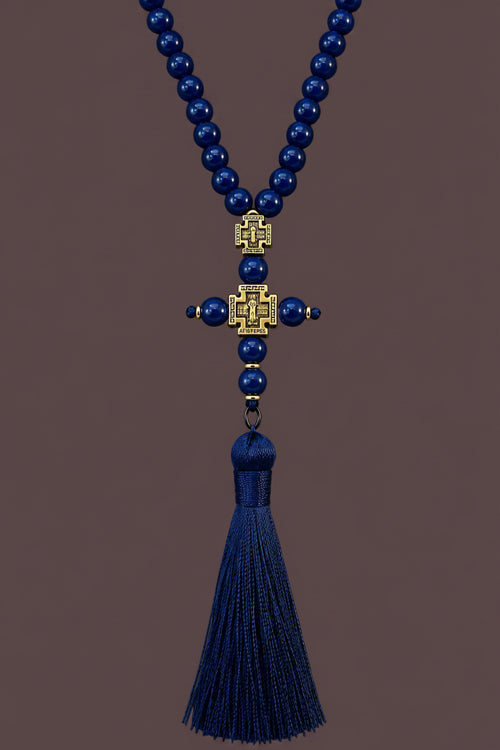 Blue prayer beads tassel detail