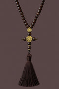 Brown prayer beads tassel detail