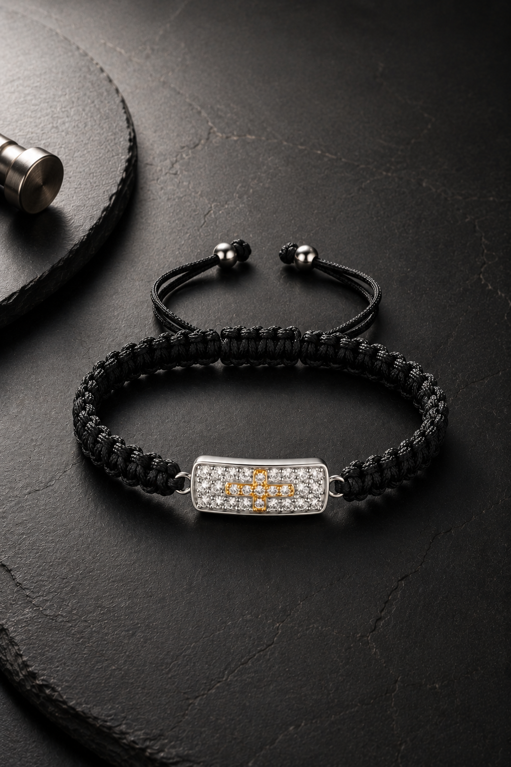 Sacred Cross Bracelet on dark stone luxury background